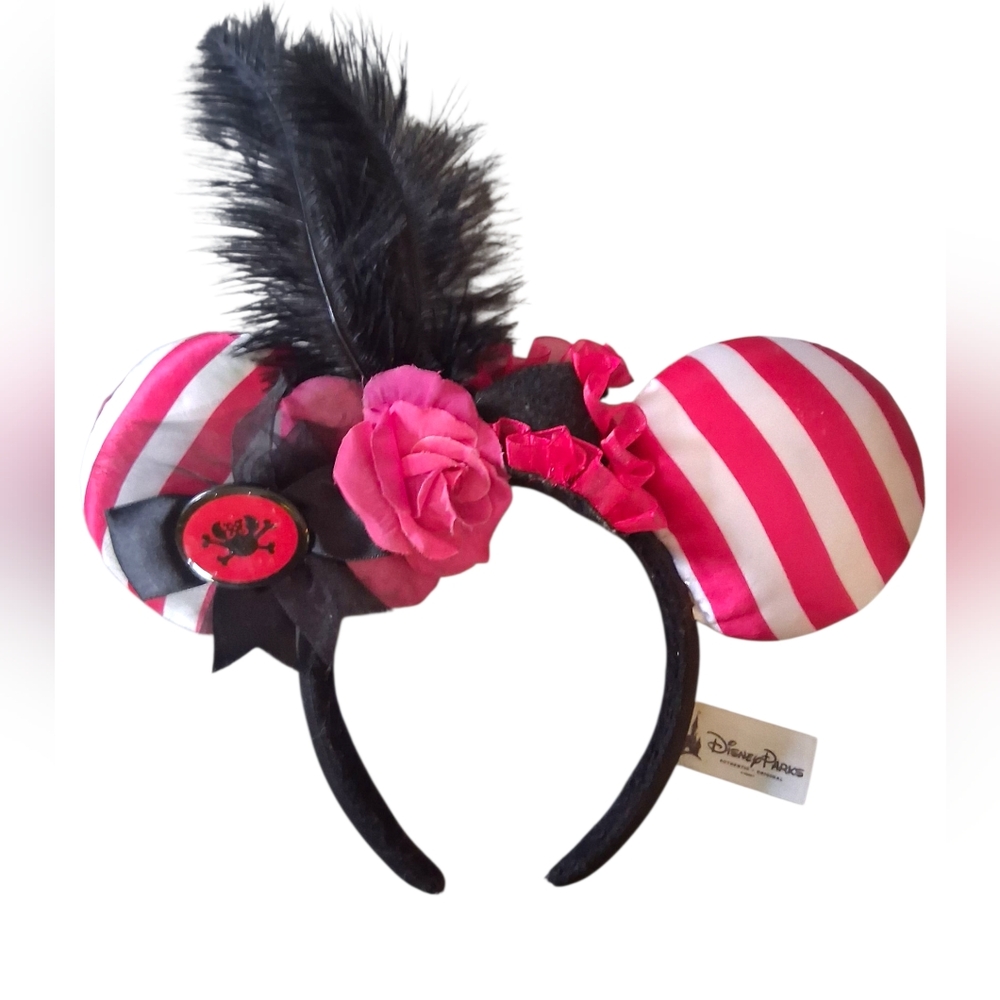Disney Parks Minnie Mouse Pirate Striped Ears Headband with Feather & Rose 2012